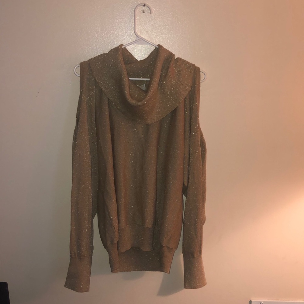 gold cowl neck off shoulder sweater